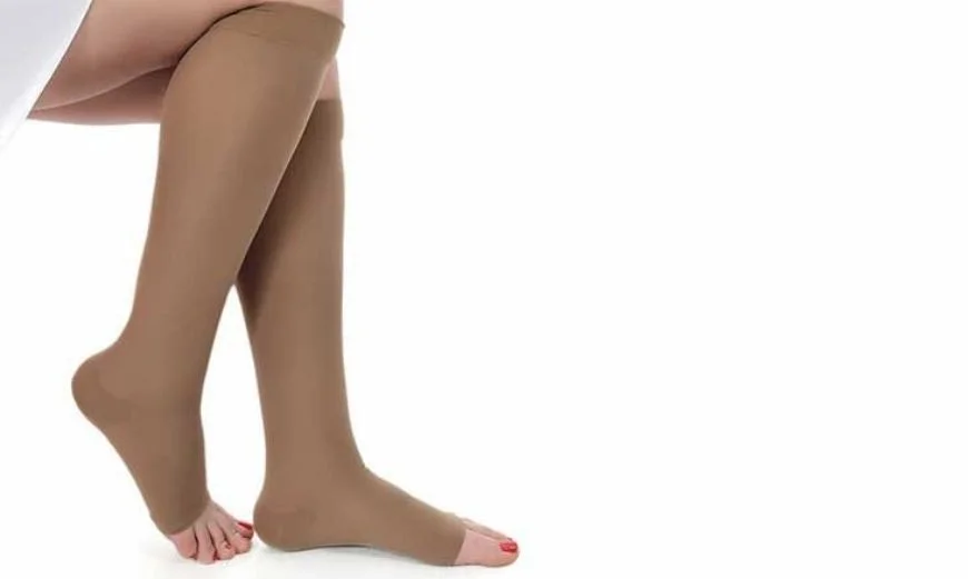 A lady is wearing a non medical support hosiery