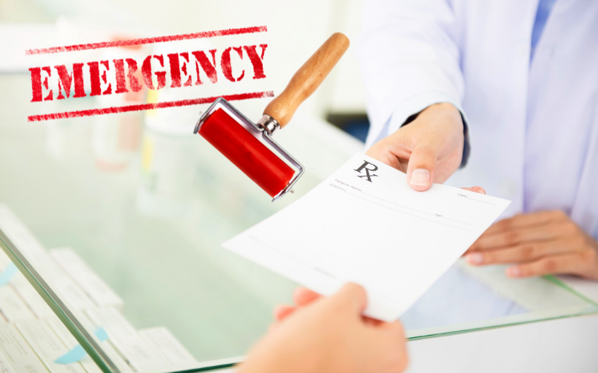 Pharmacist receiving prescription and an emergency icon