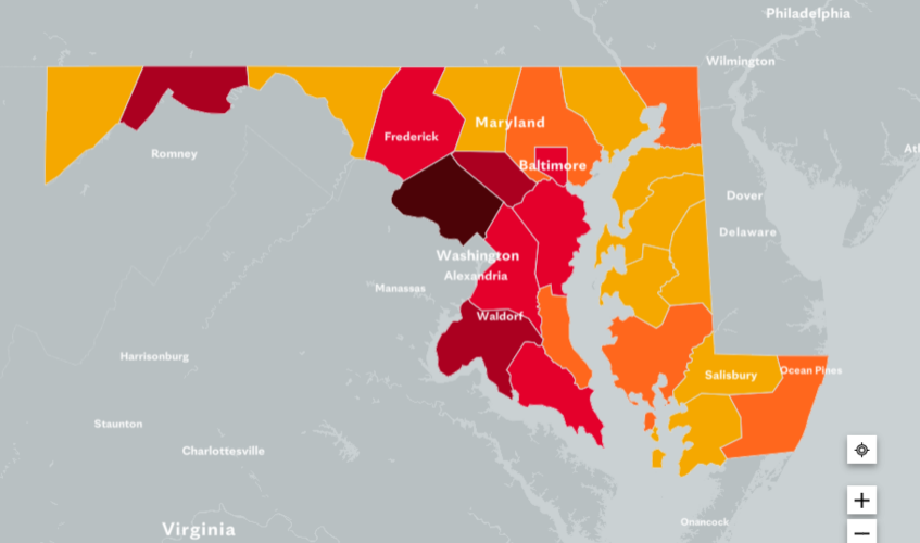 Covid map in Maryland state